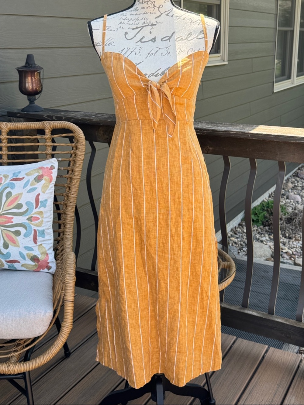Faithfull the Brand Fiscardo Mustard Stripe Tie-Front Midi Dress 100% Linen Sz 6